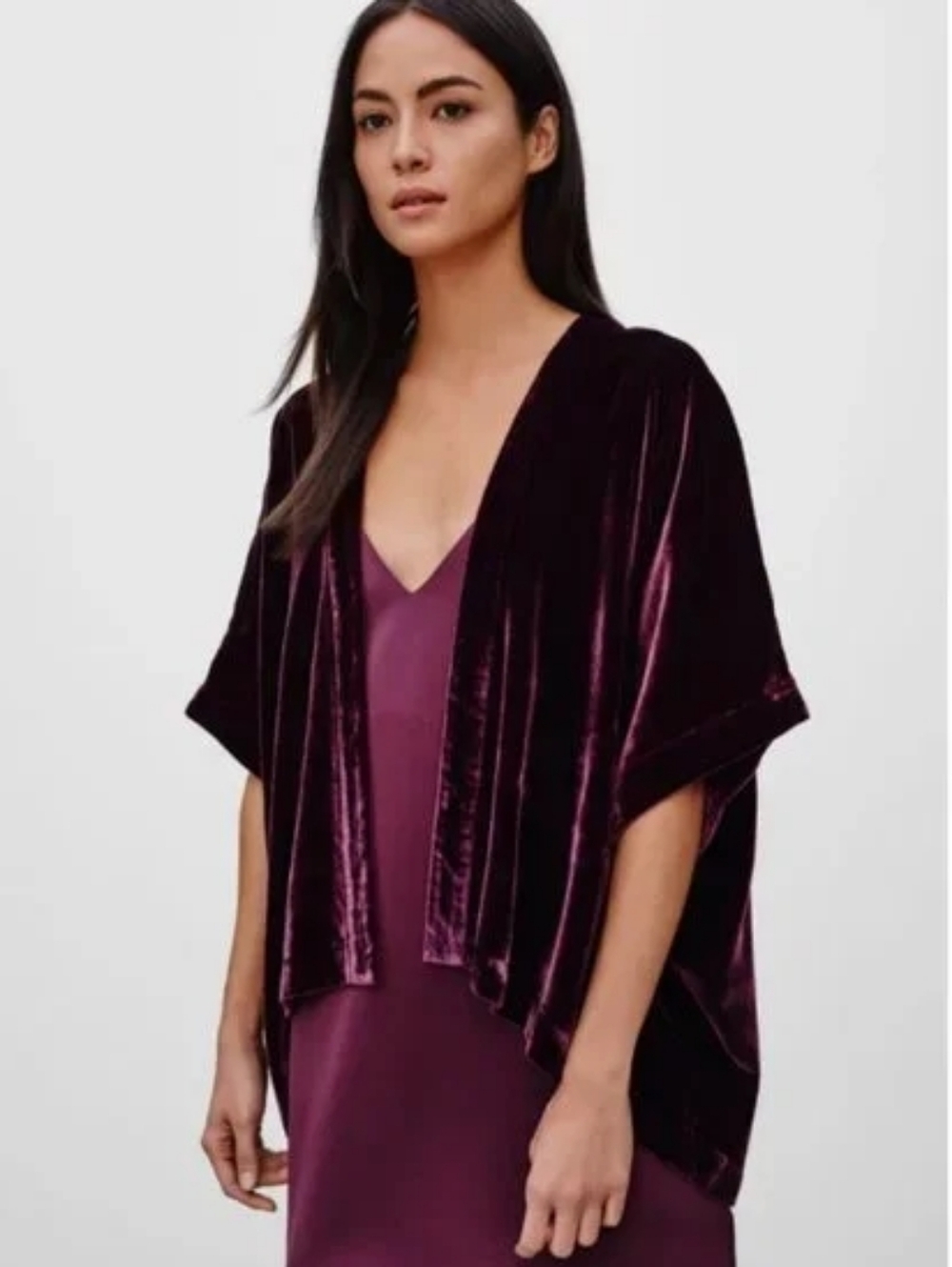 TALULA Velvet Open-Front Kimono Cardigan - Deep Plum